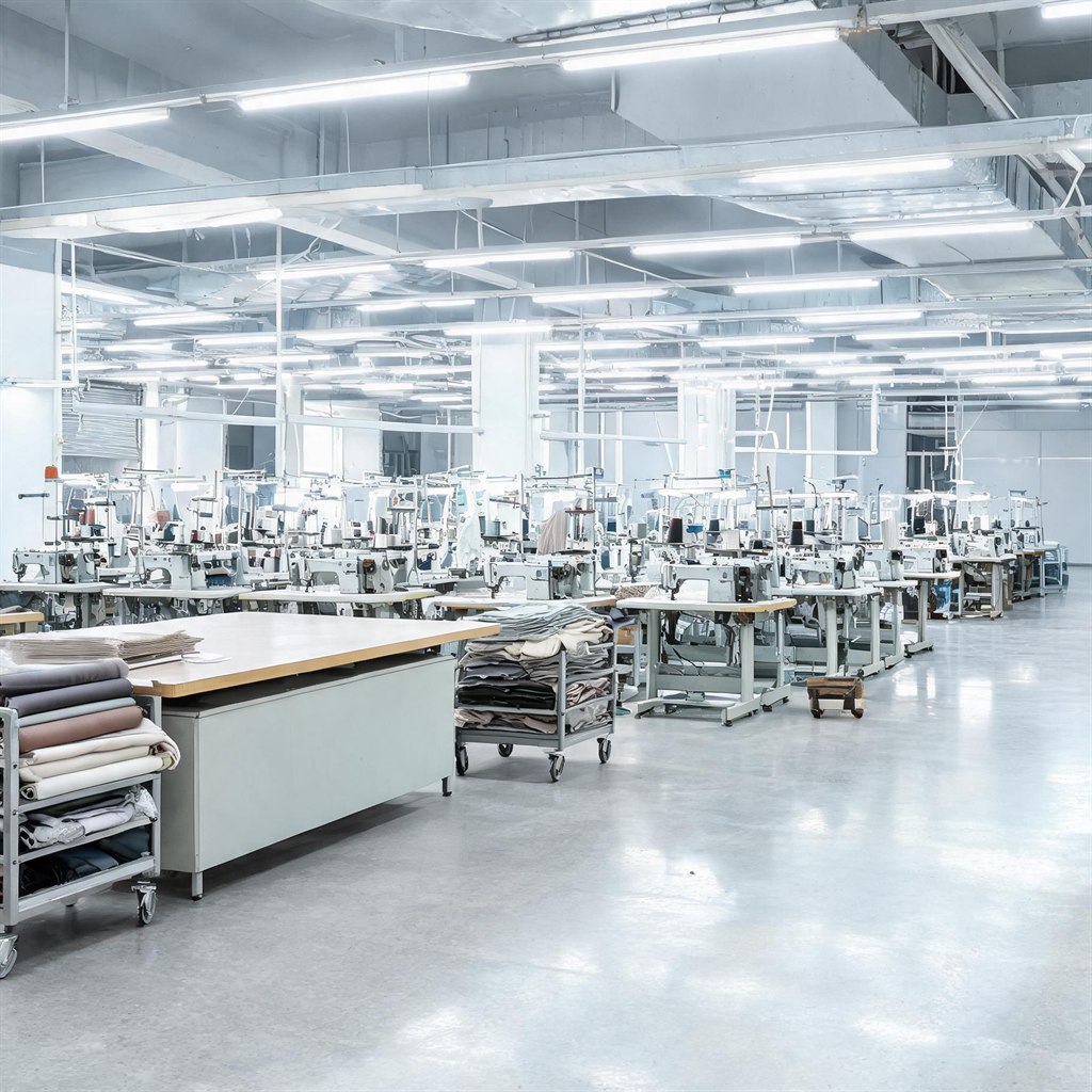 Polo shirt production workshop with sewing lines