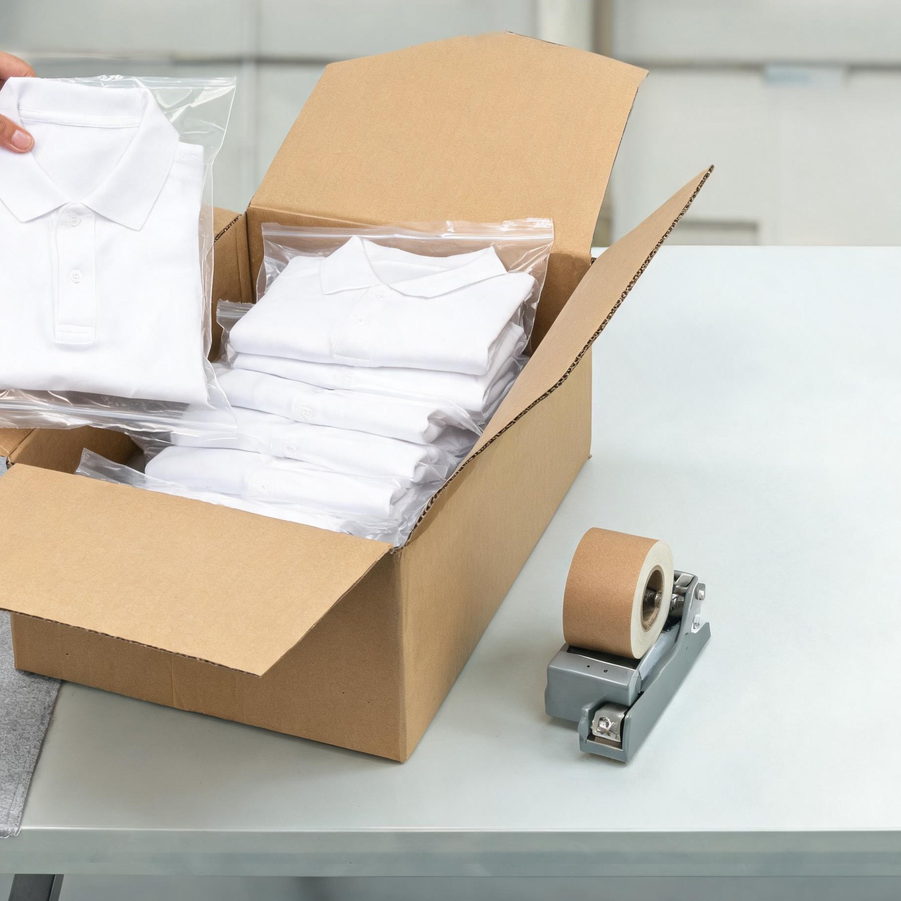 Polo shirts packed into polybags and export cartons