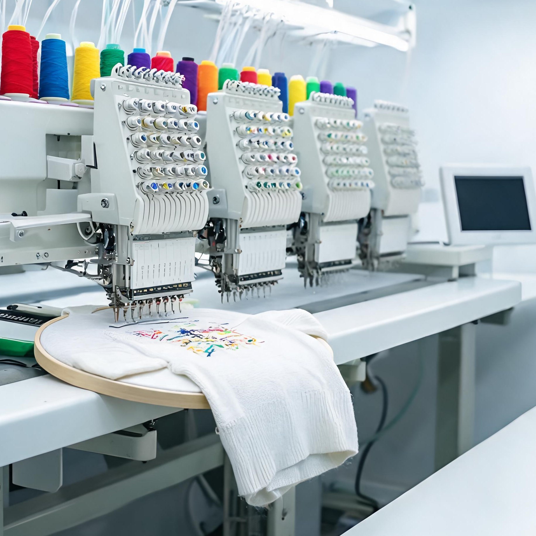 Embroidery machine stitching a logo on a polo shirt