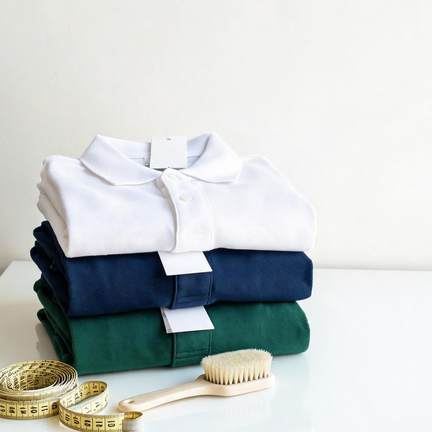Inspecting folded and stacked finished polo shirts before packing
