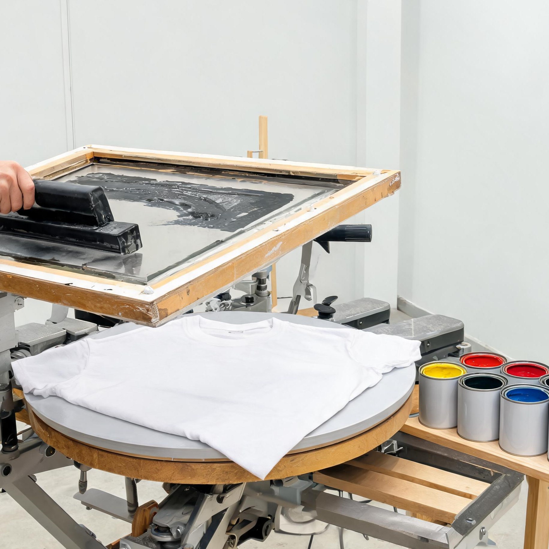 Screen printing press decorating polo shirt panels
