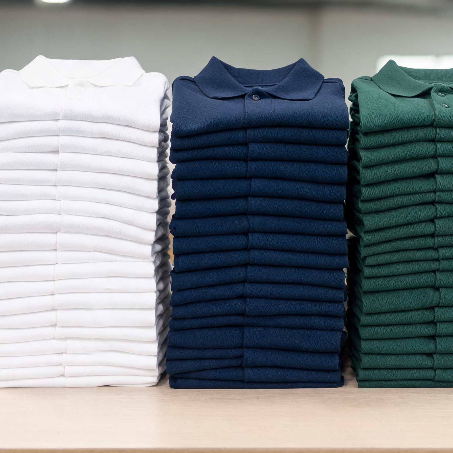 Bulk stacks of blank polo shirts in a factory warehouse area